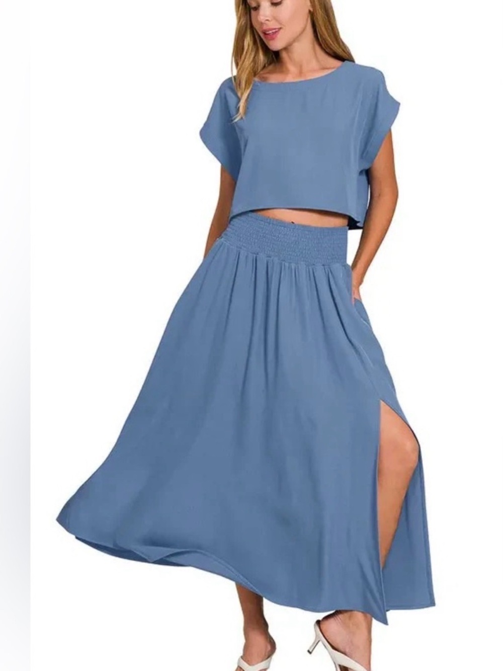 Women’s Blue Maxi Skirt with Smocked Waist - Picture 2 of 3